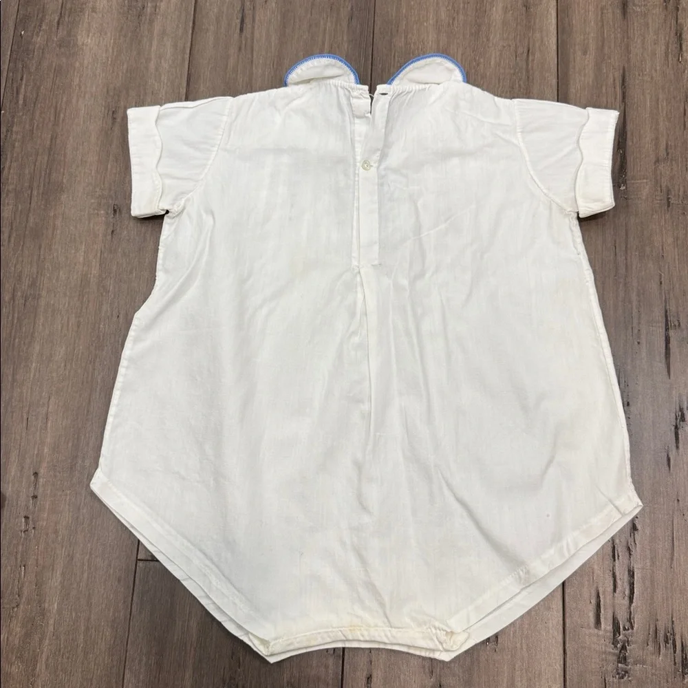 Vintage handmade White‎ Baby Romper with Blue Embroidery